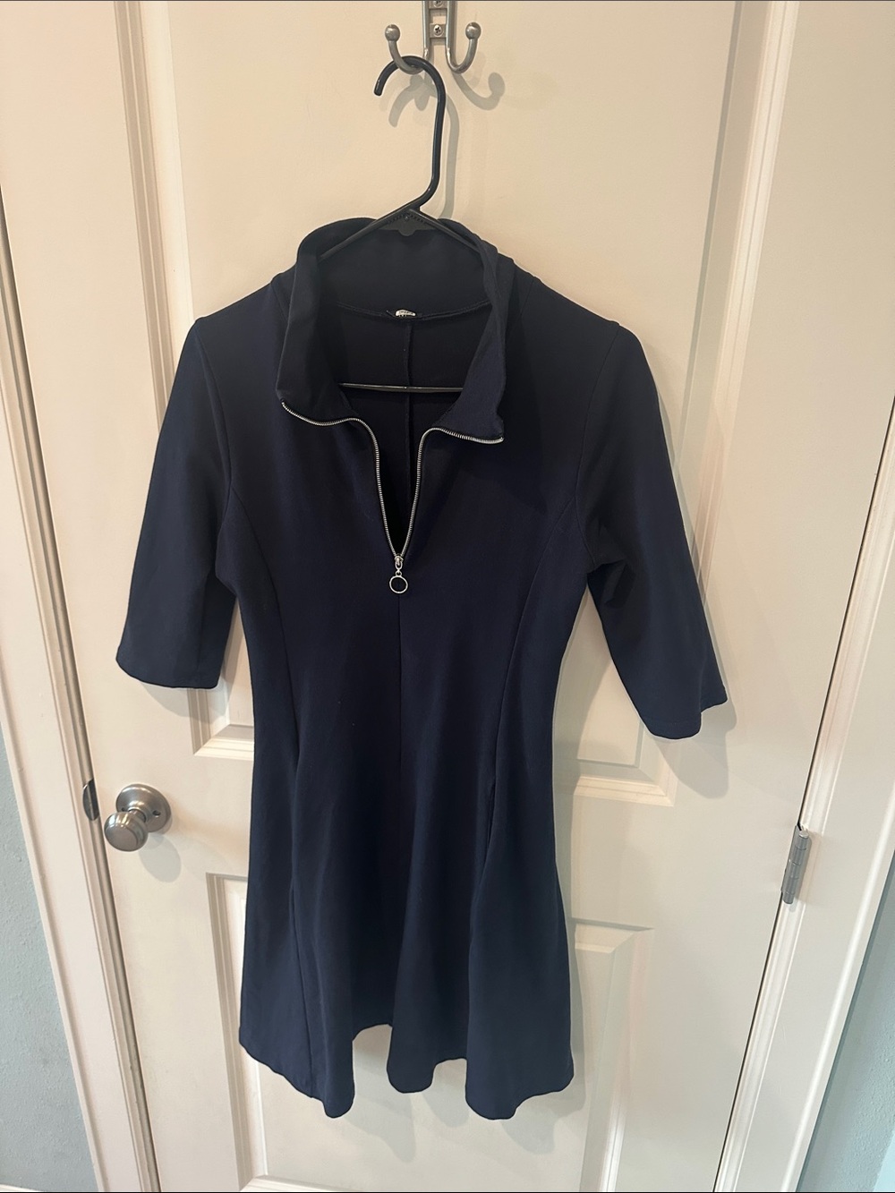 Navy Short-Sleeve Zip-Front Women’s Top